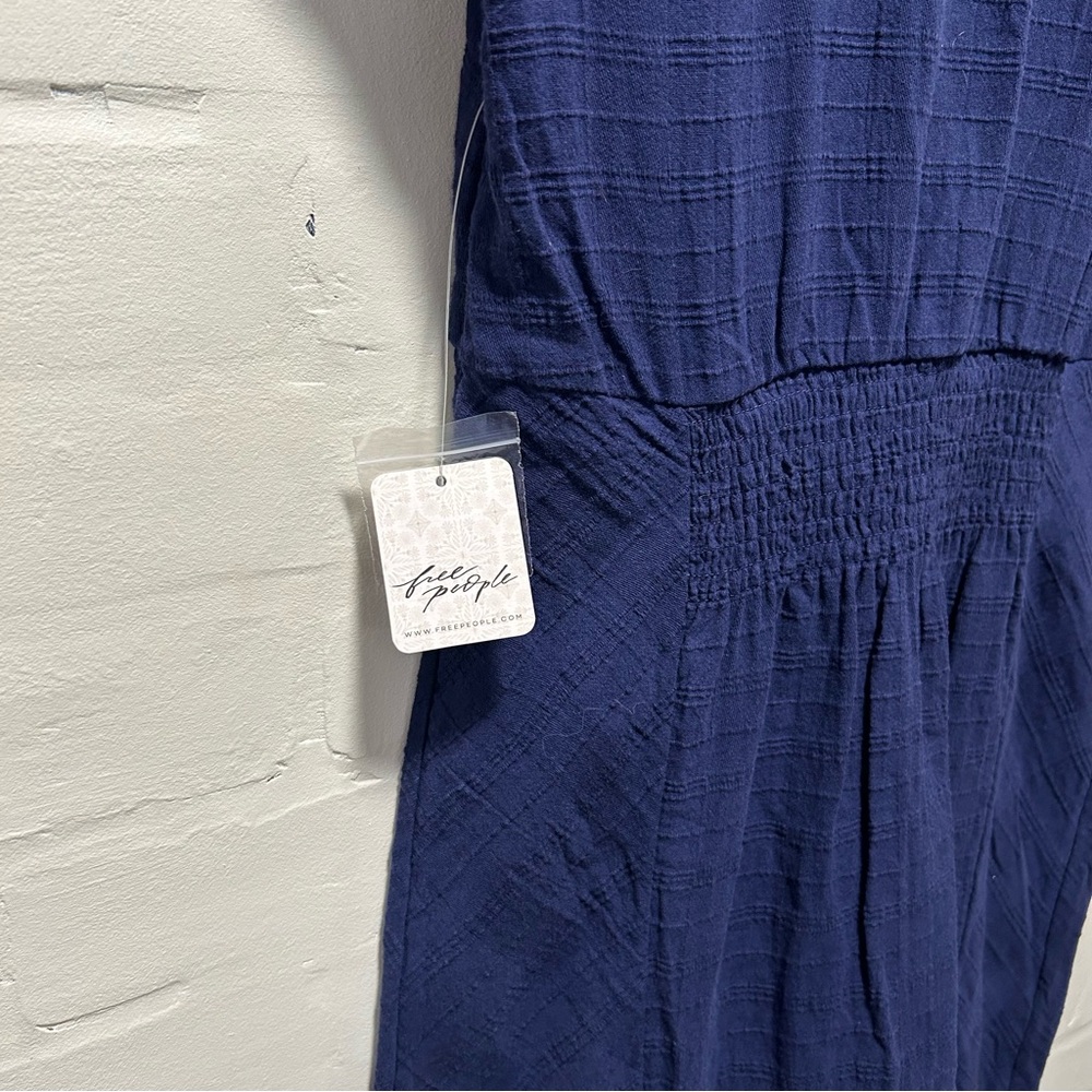 Free People New In Town Navy V-Neck Button Up Midi Boho Coastal Dress Size M - Picture 7 of 7